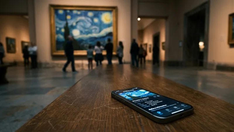 Bring Earbuds for the Free App Tour 1 A smartphone displaying art guide details placed on a wooden bench inside a museum room.