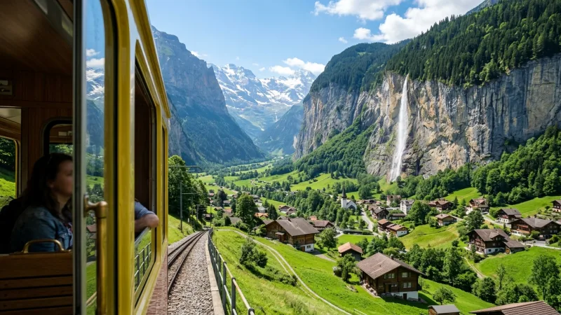 Capture High Angle Views from the Wengernalpbahn 1 View from the Wengernalpbahn train looking down at Staubbach Falls and Lauterbrunnen valley.