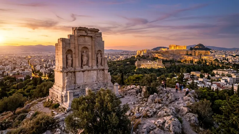 Capture Sunset Over the Acropolis Without the Crowds 4 Golden hour view of Philopappos Hill overlooking the distant illuminated Acropolis in Athens.
