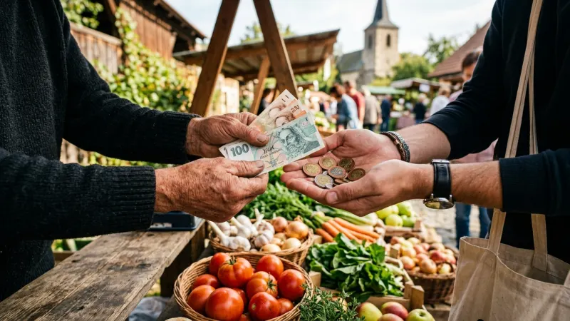 Carry Small Koruna Banknotes for Small Growers 4 Close-up of a customer paying with Czech currency at an outdoor market stall.