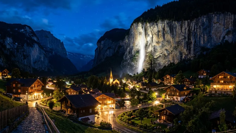 Staubbach Falls illuminated at night above a traditional Swiss alpine village.