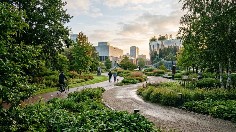 Combine Museumpark Highlights 1 A leafy pedestrian path in Museumpark leading past sleek modern museum buildings in Rotterdam.