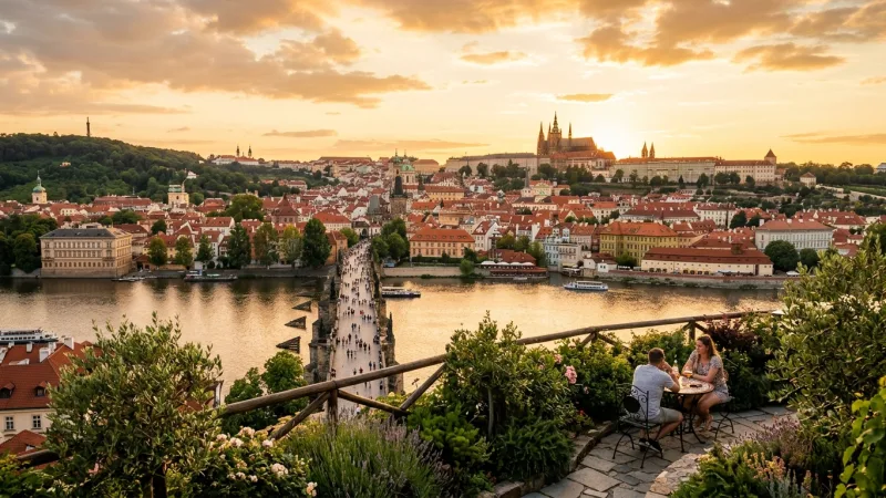 Combine with Letná Park and the Neighboring Agricultural Rooftop 1 Panoramic view of Prague's historic skyline from a modern rooftop garden terrace in Letna.