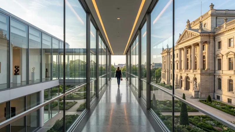 Cross the Glass Corridor to Stathatos Mansion 4 Glass walkway connecting modern museum wing to a neoclassical mansion interior.