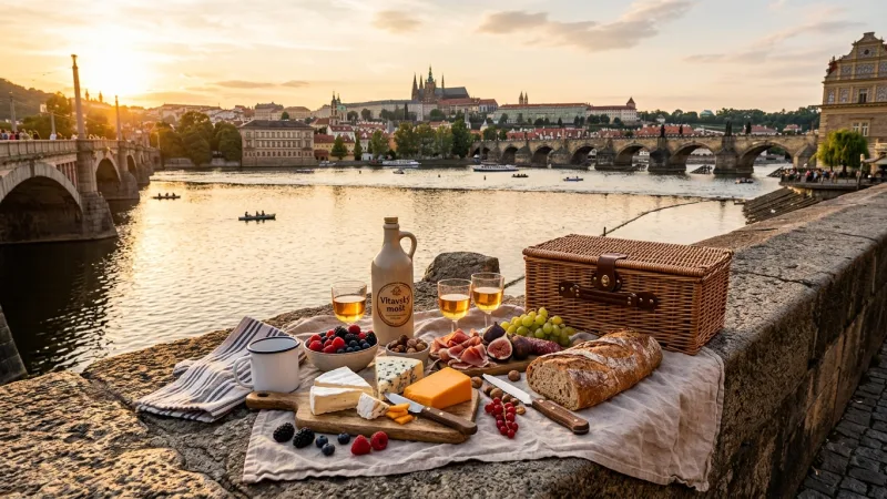 Curate a Riverside Picnic on the Embankment Wall 3 Picnic food arranged on stone steps overlooking a river with historical buildings across the water.