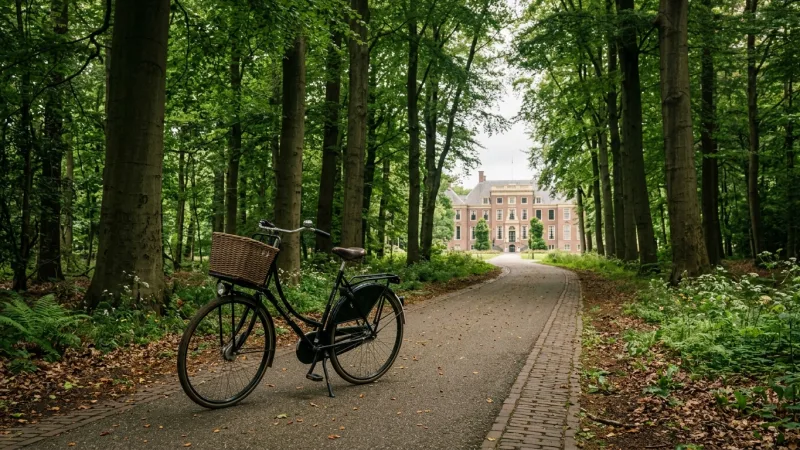 Cycle Through Haagse Bos to the Entrance 1 A bicycle parked on a wooded path in the Haagse Bos forest near The Hague.