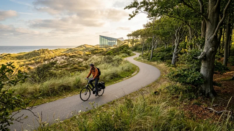 Cycle Through the Dunes from The Hague 4 Cyclist on a paved forest path leading toward Museum Voorlinden in Wassenaar.