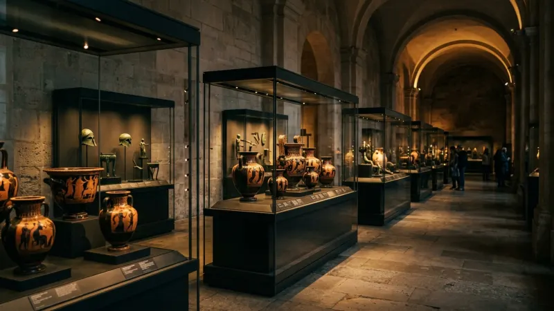 Decode Ancient Daily Life on the 4th Floor 3 Ancient Greek pottery and artifacts illuminated in modern museum display cases.