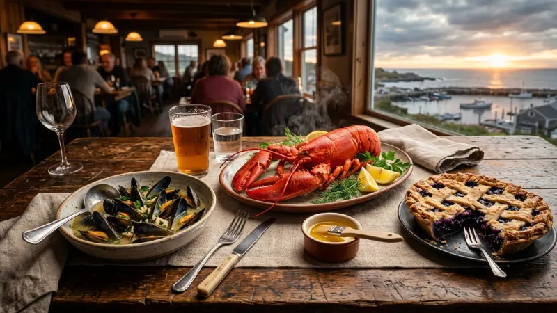 Dine at a Traditional Church Hall Lobster Supper 3 A classic Atlantic lobster feast on a wooden table with steamed mussels and melted butter.