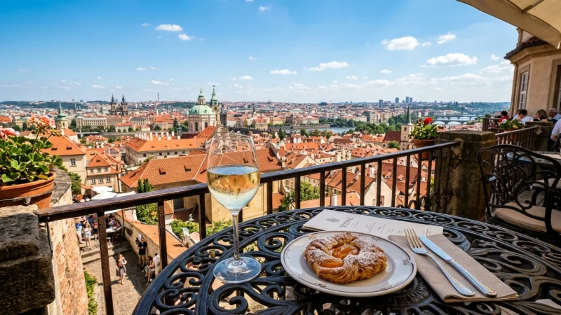 Dine on the Panorama Terrace 3 A wine glass on an outdoor cafe table with a scenic background view of Prague spires and red rooftops.