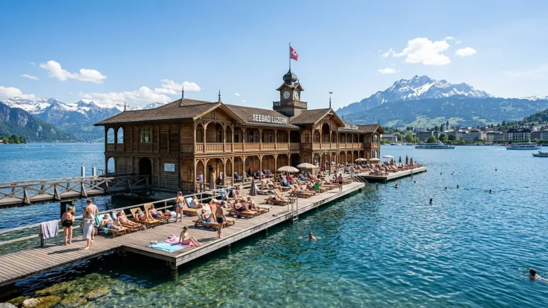 The wooden structure of Seebad Lucerne bathhouse floating on Lake Lucerne.