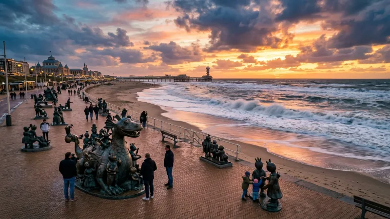 Discover the Free Outdoor Sculpture Fairytale 4 Whimsical bronze fairy tale sculptures overlooking the sea on the Scheveningen promenade.