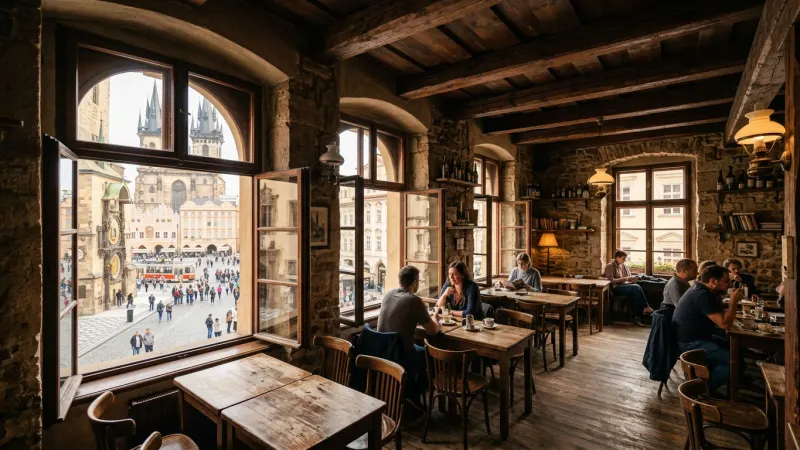 Discover the Quiet Balcony at Skautský Institut 3 Cozy wooden cafe interior overlooking Old Town Square in Prague through an open window.