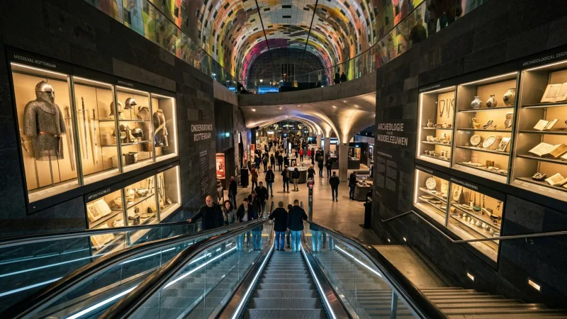 Discover the Underground Time Staircase 3 Modern subterranean escalator area with illuminated historical display cases along the walls.