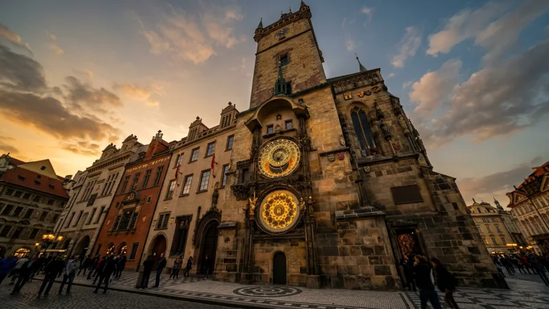 Dodge the Astronomical Clock Pickpocket Crush 4 The medieval Prague Astronomical Clock mounted on the stone wall of Old Town Hall in warm afternoon light.