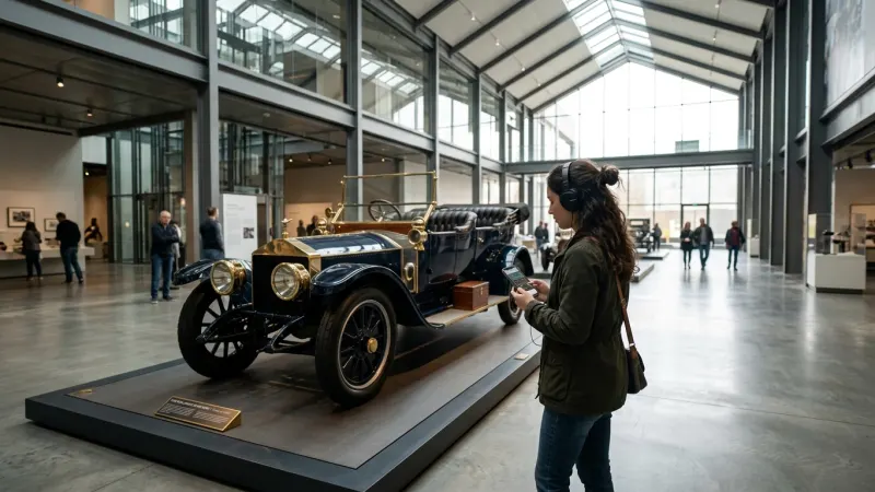 Download the Official Audio Guide Early 4 A person wearing headphones looking at a vintage luxury car inside an elegant museum hall.
