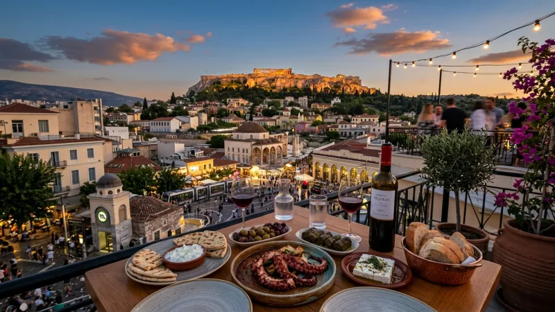 Escape Ground Level for Rooftop Dining 3 A dining table on a rooftop terrace in Athens with Greek dishes and a view of the Acropolis in the background.