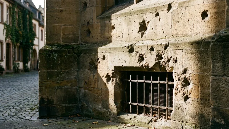 Examine the Street-Level Ventilation Window 3 Close-up of bullet scars and damaged stone around a crypt ventilation grille on a church exterior.