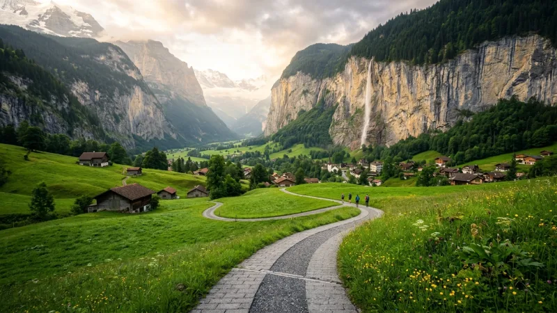 Explore Early along the Lauterbrunnen Valley Trail 1 A peaceful paved path leading through green fields toward a towering waterfall in a Swiss valley.