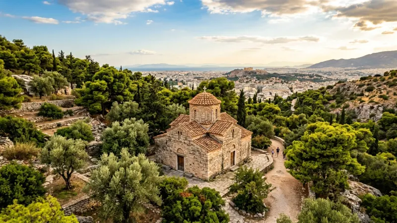 Explore the Hidden Historic Sites on the Lower Slopes 1 Byzantine stone church of St. Demetrios Loumbardiaris nestled in green woods near Philopappos Hill.