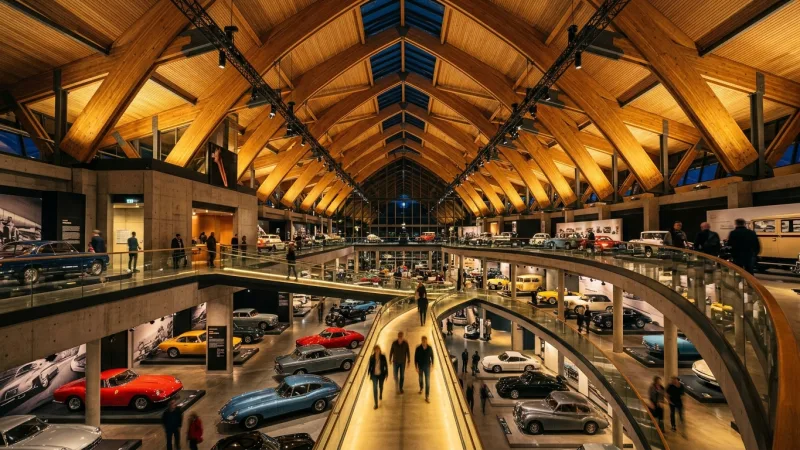 Follow the Top-Down Chronological Route 3 Interior view of a spacious, multi-level automobile museum with wood timber ceilings and vintage car displays.