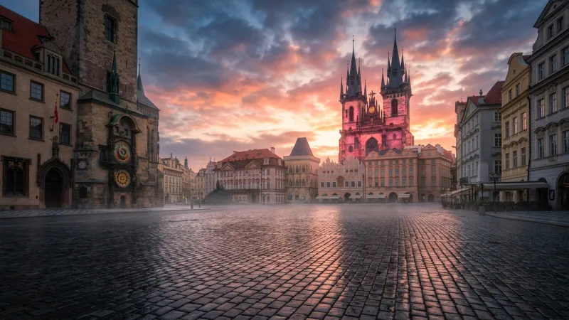 Gear Up for Historic Cobblestones and Dawn Light 1 Sunrise view across the cobblestones of an empty Old Town Square in Prague toward the twin Gothic spires of Tyn Church.