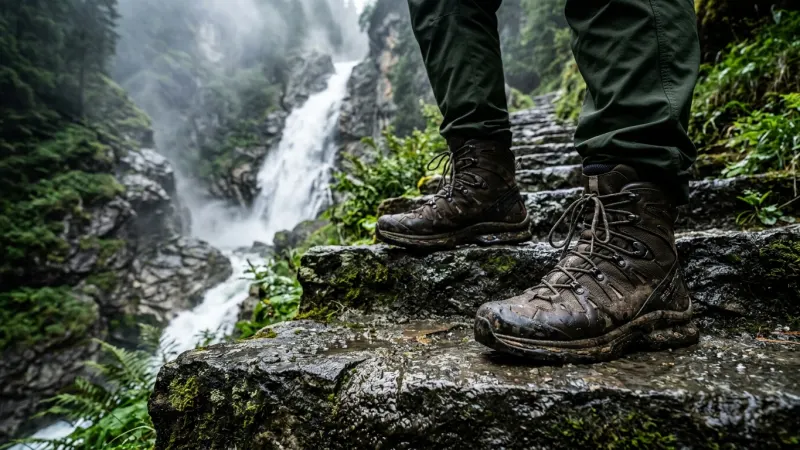Close-up of waterproof hiking boots on damp stone stairs near a waterfall mist.