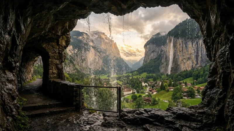 Hike Behind the Mist via the Rock Gallery 1 A view through a waterfall spray from inside a stone tunnel looking over a Swiss valley.
