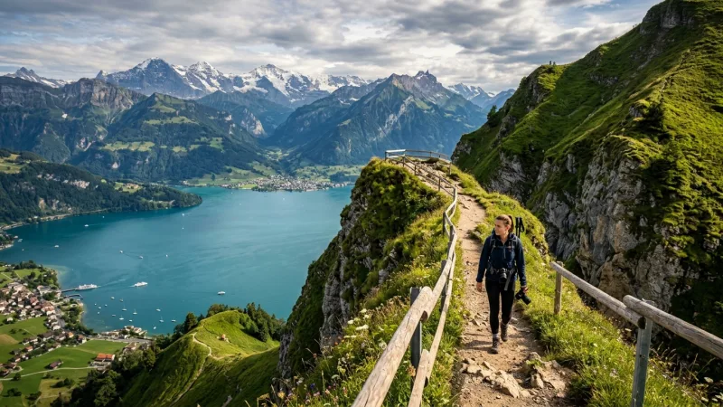 A scenic hiking path along a mountain ridge overlooking Lake Lucerne in Switzerland