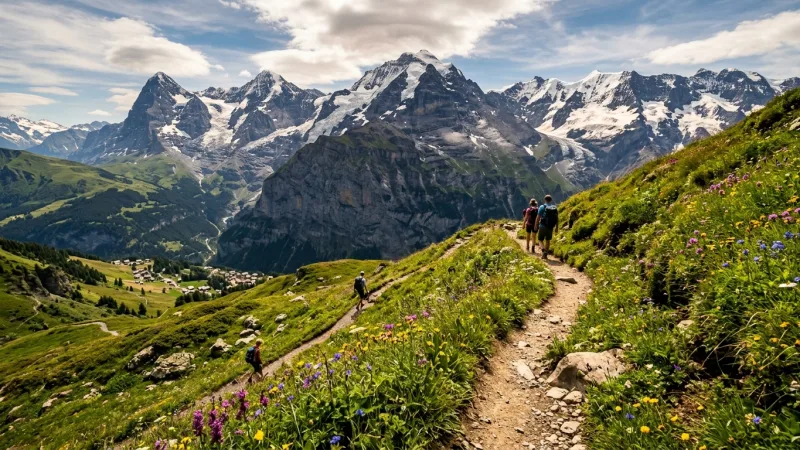 A peaceful hiking path through green fields with dramatic Swiss Alps peaks in the distance.