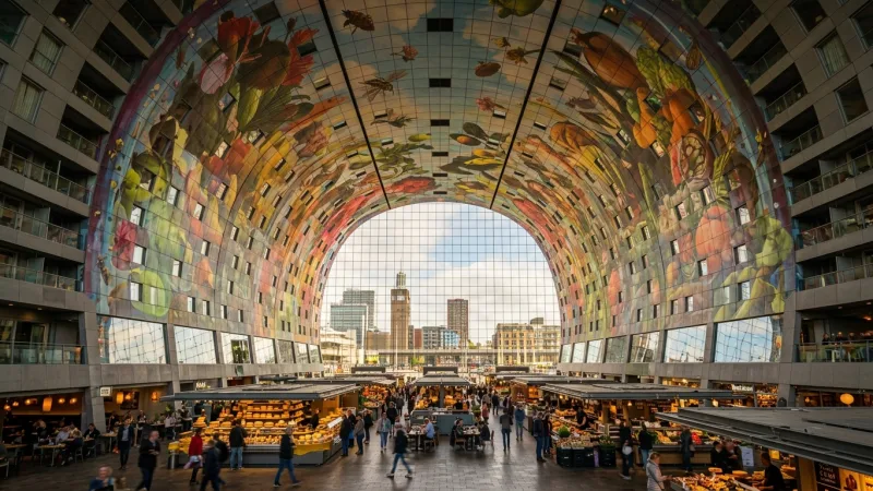 Look Up for the Horn of Plenty 4 Interior view of the arched ceiling inside Markthal Rotterdam showing colorful artwork of giant fruits and vegetables.