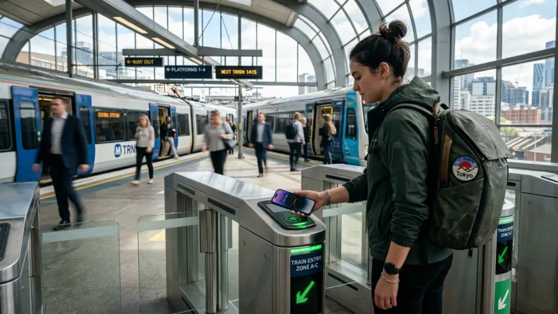 Traveler tapping a smartphone against a digital turnstile card reader at a modern train station.