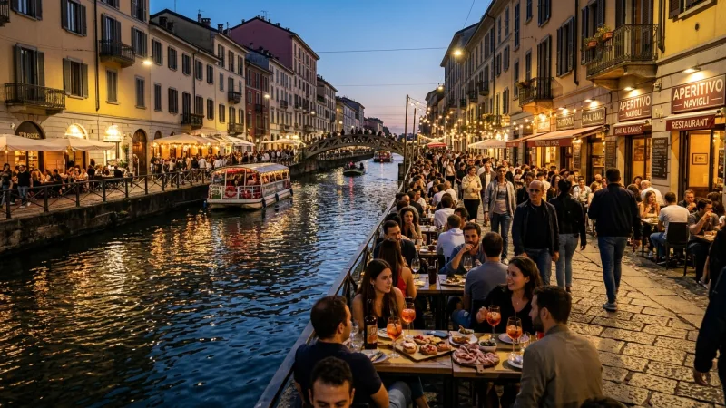 Master the Art of Milanese Aperitivo 1 People dining and drinking aperitivo outdoors along the illuminated Navigli canal in Milan at dusk.