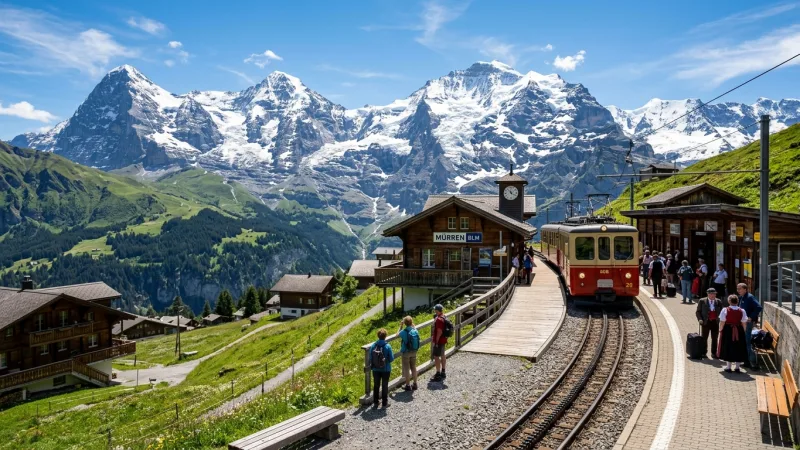 A Swiss mountain train pulling into the Mürren train station with snowy mountains in the background.