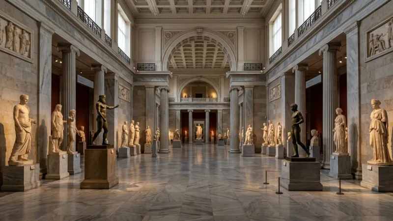 Master the Navigation to Avoid Museum Fatigue 4 Spacious neoclassical gallery hall inside the National Archaeological Museum of Athens displaying ancient Greek statues under soft museum lighting.