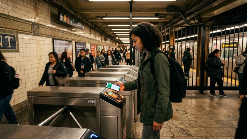 Master the OMNY Fare Capping System 7 Close-up of a commuter tapping a smartphone payment device at a New York subway turnstile