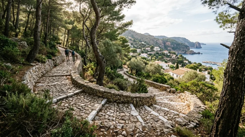 Master the Slippery Marble and Pikionis Paths 3 Close-up of a stone and marble paved pathway surrounded by pine trees on Philopappos Hill.
