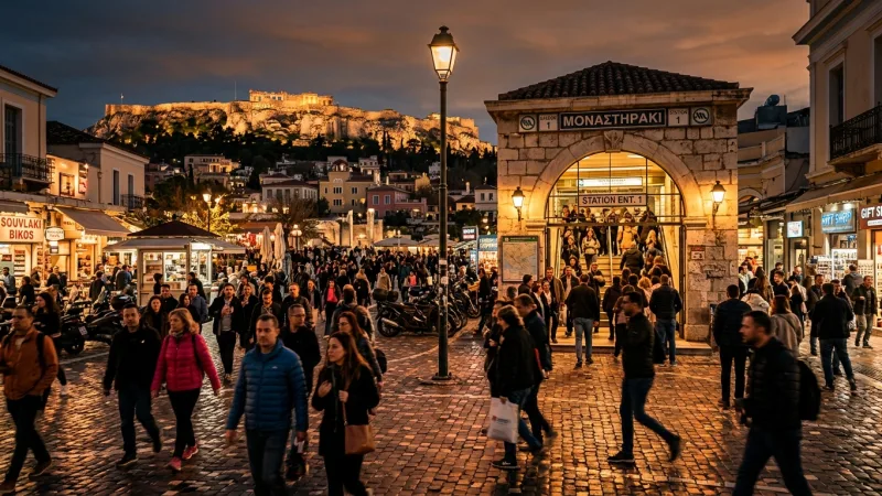 Master Transit Pickpocket Awareness 5 Busy Monastiraki Square and metro station entrance in Athens at dusk with illuminated surroundings.