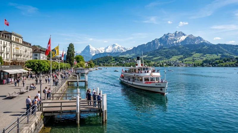 Maximize Alpine Transit with the Tell-Pass 1 Scenic passenger boat leaving the pier along Lake Lucerne Promenade.