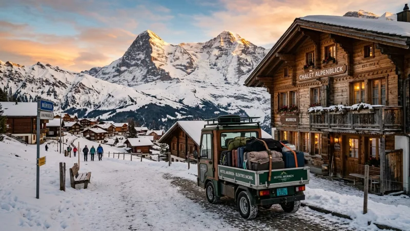 Navigate Car-Free Mürren Luggage Transfer 1 An electric transport cart sitting on a quiet wooden street in the alpine village of Mürren.