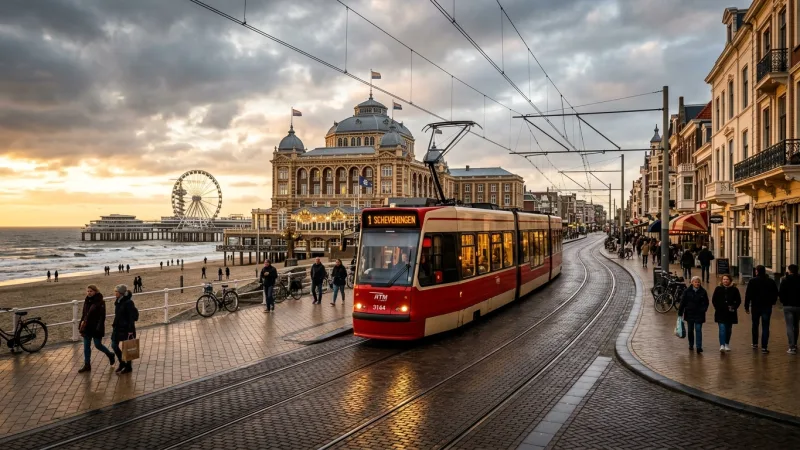 Optimize Transit with The Hague Tram 1 or 9 1 A modern Hague public tram riding through the seaside neighborhood of Scheveningen.