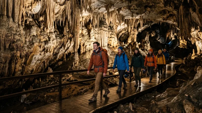 Pack Warm Layers for Underground Microclimates 1 Tourists wearing warm jackets exploring a illuminated, damp cave pathway lined with stalactites.