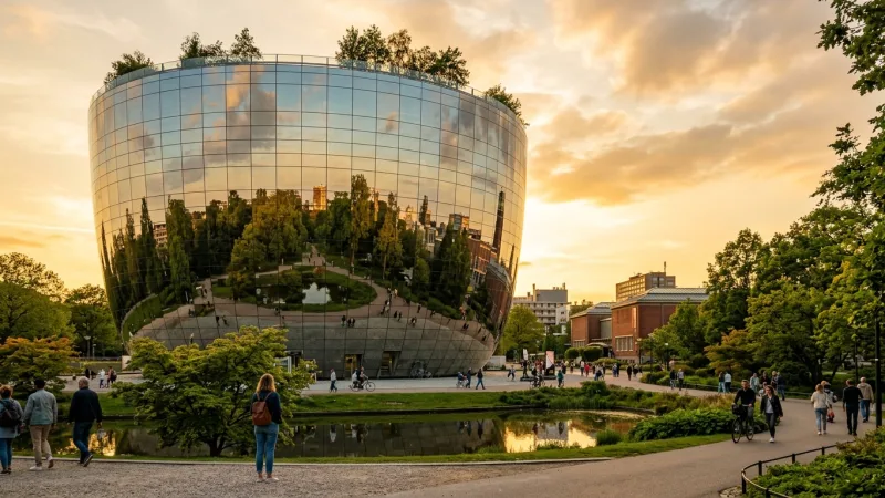 Pivot to the Mirrored Depot 4 The reflective, bowl-shaped glass exterior of Depot Boijmans Van Beuningen reflecting clouds and green park trees.