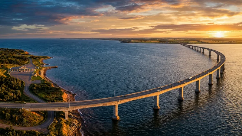 Plan the Free Entry, Paid Exit Toll Loop 5 Confederation Bridge spanning across the Northumberland Strait toward Prince Edward Island at sunset.