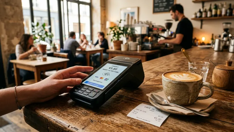 A modern wireless card reader terminal on a cafe table next to a cup of espresso.