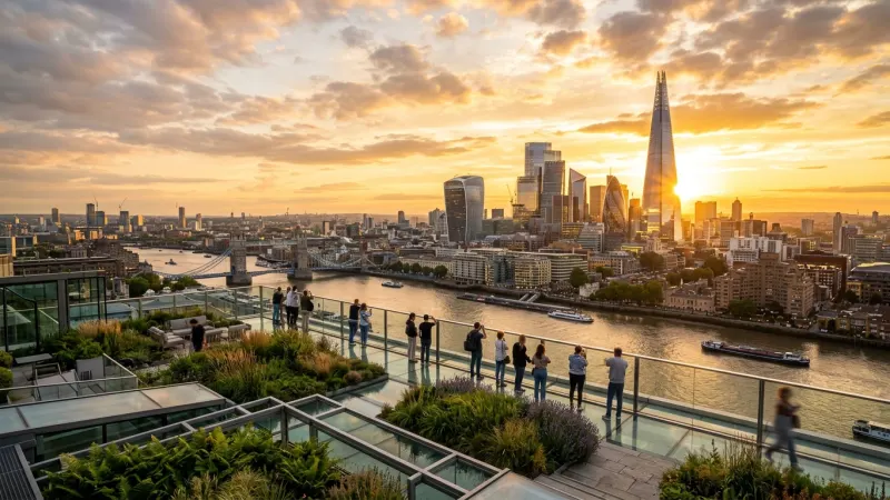 Reserve Free Horizon Views Online 13 Panoramic view of London skyline viewed from a modern glass-enclosed indoor garden during sunset.