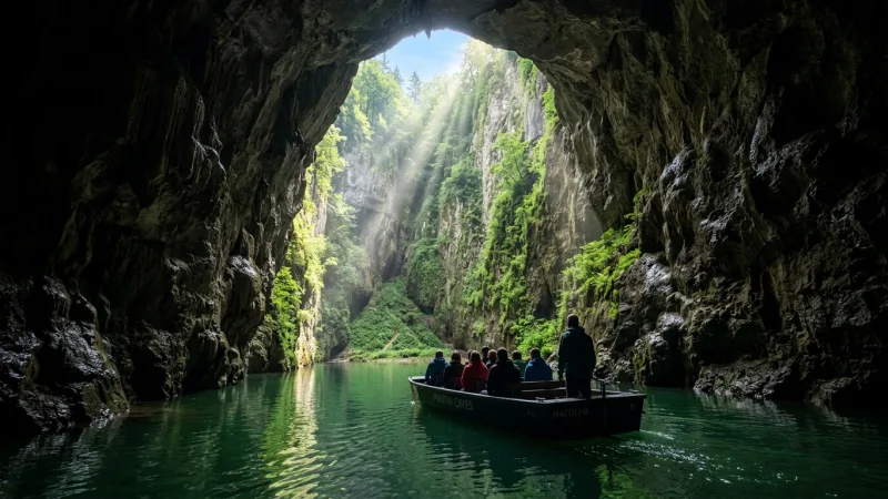 Reserve Punkevní Cave Boat Tickets Months Early 4 Electric boat on an emerald underground river inside a cavern looking out toward the opening of the Macocha Abyss.