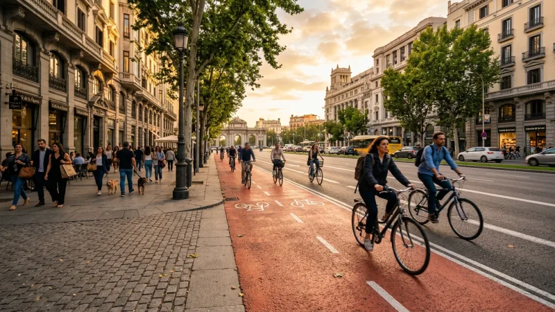 Respect the Red Fietspad 1 A smooth reddish-tinted bicycle lane alongside a sidewalk with cyclists commuting during sunset.