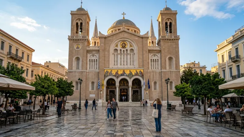Exterior view of the Metropolitan Cathedral of Athens with marble plaza in front.