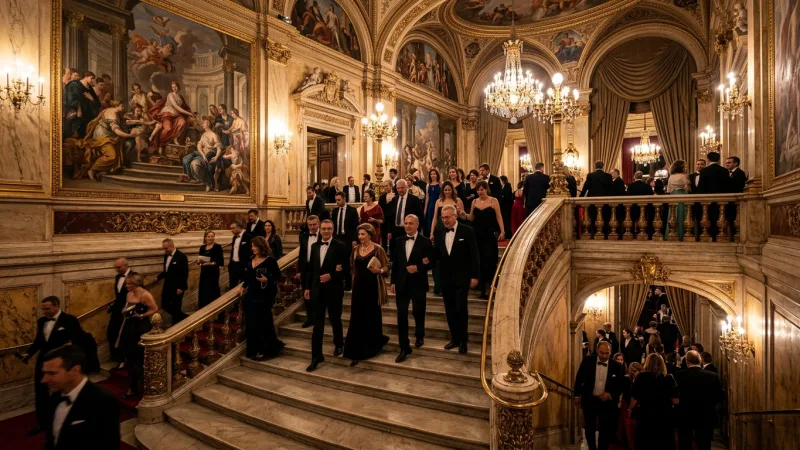 Respect the Unwritten Czech Formal Dress Code 1 Elegantly dressed patrons descending an ornate marble staircase inside a historic European theater.